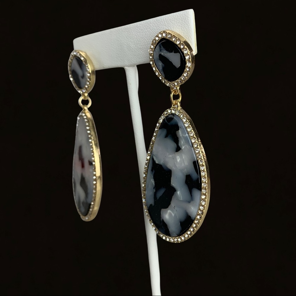 Pavé Crystal Pearl Black Gold Acrylic Earrings - Picture 3 of 9